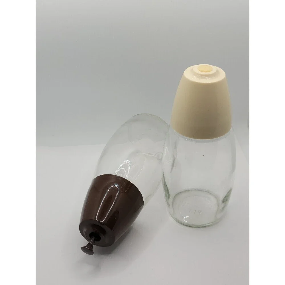 Vintage Pair Clear Glass Toothpick Holder Salt and Pepper Dispenser Tan Brown